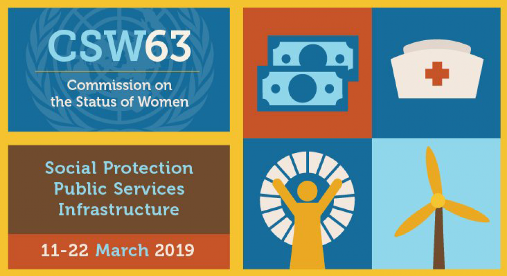 Logo of the 63rd UN Commission on the Status of Women highlighting social protection, public services, and infrastructure