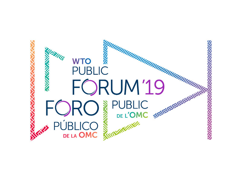 Logo of the 2019 World Trade Organization Public Forum in French, Spanish, and English.