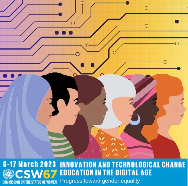 Logo of the 67th UN Commission on the Status of Women highlighting innovation and technological change, and education in the digital age.