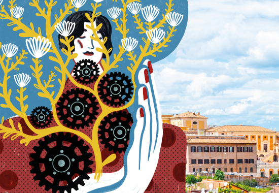 Logo of the 32nd International Association for Feminist Economics Annual Conference in Rome, Italy. It is a painting of a woman holding flowers interspersed with cogwheels against the backdrop of Rome.