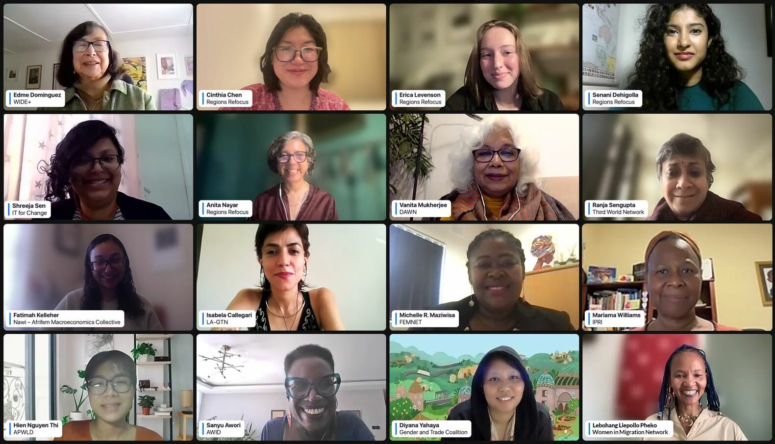 Group of African, Asian, and Latin American feminist members of the Gender and Trade Coalition on a Zoom call.