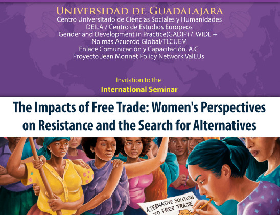 Part of the event flyer with the event name and at the bottom a painting of black and brown women protesting while one of them writes on a scroll, 'Alternative solutions to free trade.'